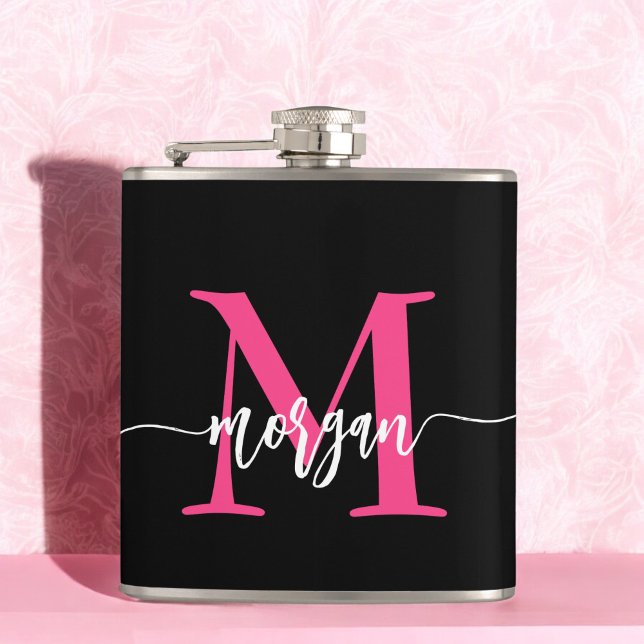 Hot Pink Black Monogram Girl's Junggeselinnen-Absc Flachmann (Von Creator hochgeladen)