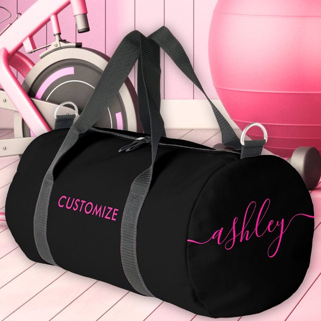 Hot Pink Black Monogram Girl's Script Name Duffle Bag (Von Creator hochgeladen)