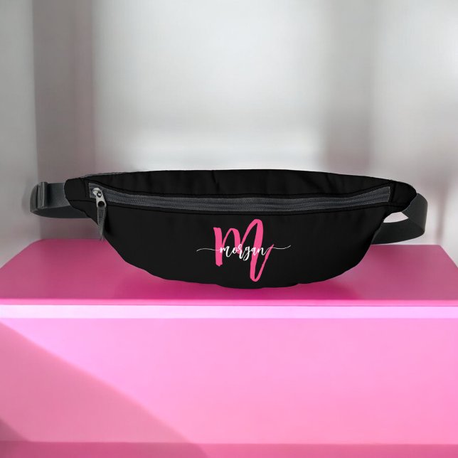 Hot Pink Black Monogram Name Girl's Script Bauchtasche (Von Creator hochgeladen)