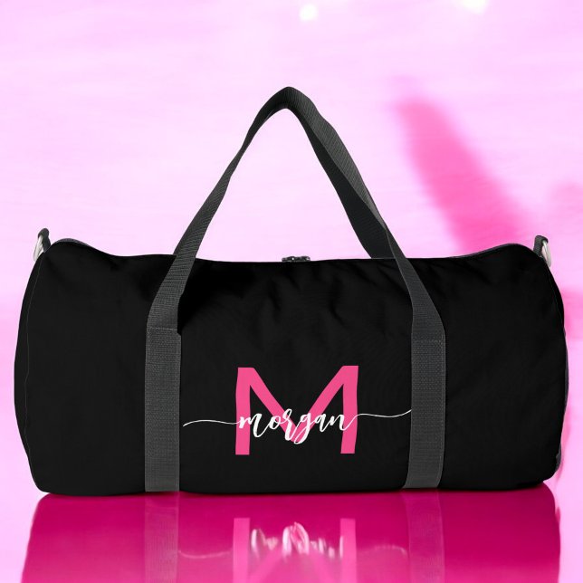 Hot Pink Black Monogram Name Girl's Script Sports Duffle Bag (Von Creator hochgeladen)