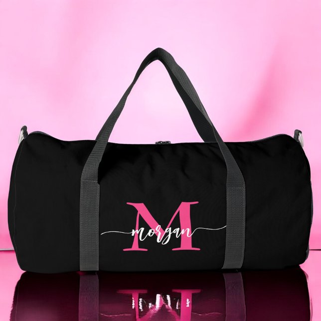 Hot Pink Black Monogram Name Girl's Script Sports Duffle Bag (Von Creator hochgeladen)