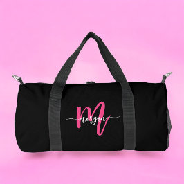 Hot Pink Black Monogram Name Girl's Script Sports Duffle Bag