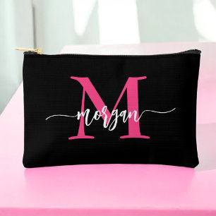 Hot Pink Black Monogram Name Girl's Script Zubehörtasche