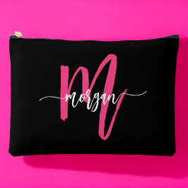 Hot Pink Black Monogram Name Girl's Script Zubehörtasche