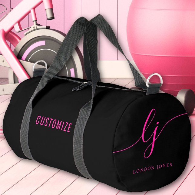 Hot Pink Black Monogram Script Name Girl's Duffle Bag (Von Creator hochgeladen)