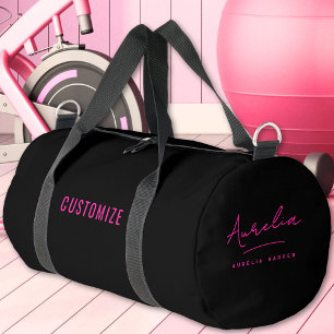 Hot Pink Black Monogram Script Name Girl's Duffle Bag