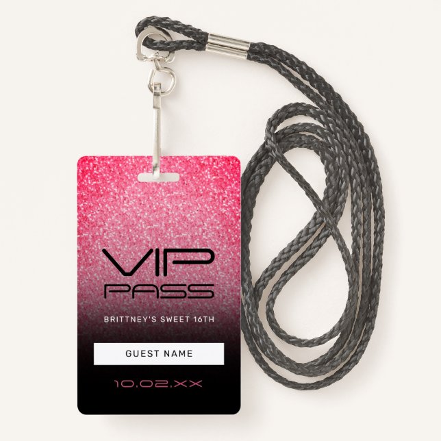 Hot Pink Black Ombre Glitzer Sweet 16. VIP Pass B Ausweis (Vorderseite mit Schlüsselband)