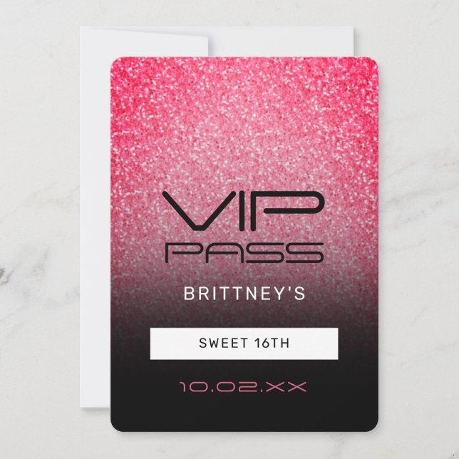 Hot Pink Black Ombre Glitzer Sweet 16. VIP Pass Einladung (Vorderseite)