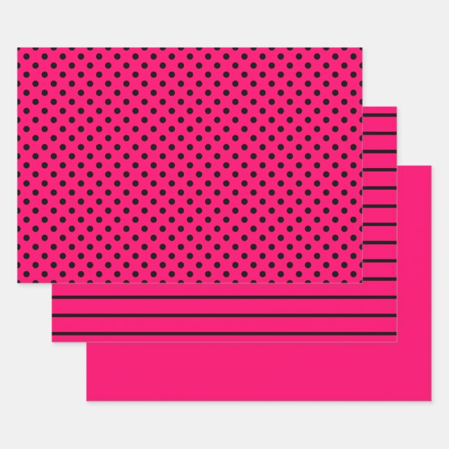 Hot Pink Black Polka DotStreifen Geschenkpapier Set (Set)