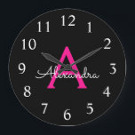 Hot Pink Black Script Girl Monogram Name Große Wanduhr<br><div class="desc">Hot Pink und Black Simple Script Monogram Name Clock. Das macht den perfekten süßen 16 Geburtstag,  Hochzeit,  Brautparty,  Jubiläum,  Babydusche oder Junggeselinnen-Abschied Geschenk für jemanden,  der Lieben glamourösen Luxus und schicke Stile.</div>