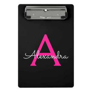 Hot Pink Black Script Girl Monogram Name Mini Klemmbrett