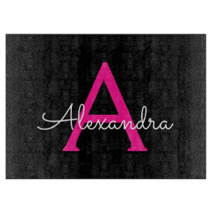Hot Pink Black Script Girl Monogram Name Schneidebrett