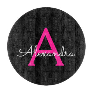 Hot Pink Black Script Girl Monogram Name Schneidebrett