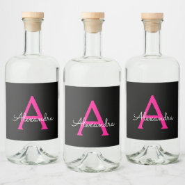 Hot Pink Black Script Name der Girl Monogram Alkoholflaschenetikett
