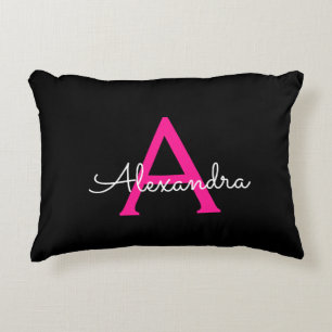 Hot Pink Black Script Name der Girl Monogram Dekokissen