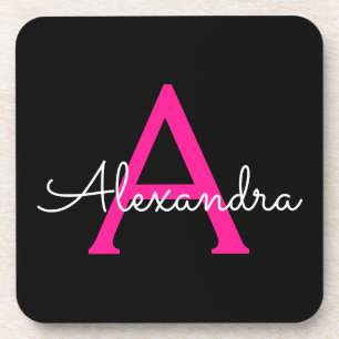 Hot Pink Black Script Name der Girl Monogram Getränkeuntersetzer