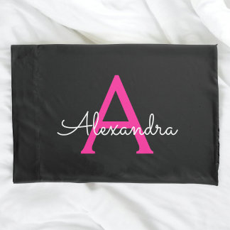 Hot Pink Black Script Name der Girl Monogram Kissenbezug