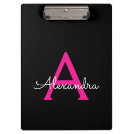 Hot Pink Black Script Name der Girl Monogram Klemmbrett