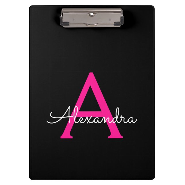 Hot Pink Black Script Name der Girl Monogram Klemmbrett (Vorderseite)