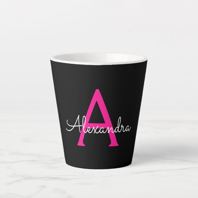 Hot Pink Black Script Name der Girl Monogram Milchtasse (Vorderseite)