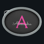 Hot Pink Black Script Name der Girl Monogram Ovale Gürtelschnalle<br><div class="desc">Schwarz und Heiß rosa Einfache Skriptmonogramm Name Gürtelschnalle. Das macht den perfekten Abschluss,  süß 16 16.,  18.,  21.,  30.,  40.,  50.,  60.,  70.,  80.,  90.,  100. Geburtstag,  Hochzeit,  Brautparty,  Jubiläum,  Babydusche oder Junggeselinnen-Abschied Geschenk für jemanden,  der Luxus und Chic Stil Lieben glänze.</div>