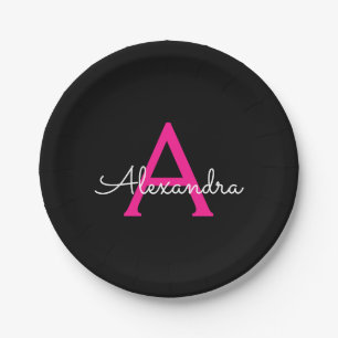 Hot Pink Black Script Name der Girl Monogram Pappteller