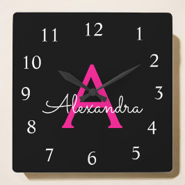 Hot Pink Black Script Name der Girl Monogram Quadratische Wanduhr
