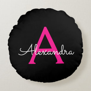 Hot Pink Black Script Name der Girl Monogram Rundes Kissen