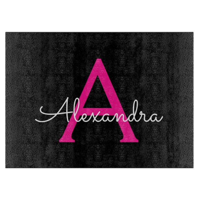 Hot Pink Black Script Name der Girl Monogram Schneidebrett (Vorderseite)