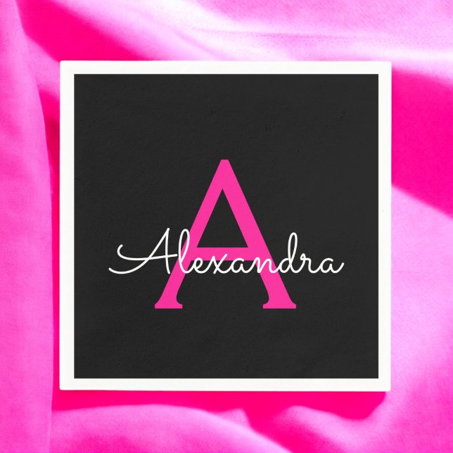 Hot Pink Black Script Name der Girl Monogram Serviette (Von Creator hochgeladen)