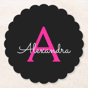 Hot Pink Black Script Name der Girl Monogram Untersetzer