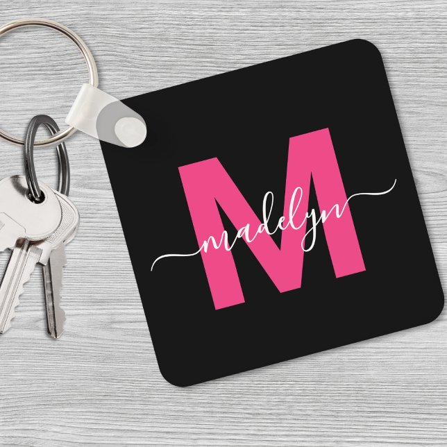 Hot Pink Black Script Name Monogram Schlüsselanhänger (Hot Pink Black Script Name Monogram keychain)