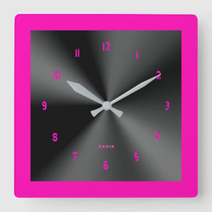 Hot Pink & Black Shiny Metallic Design Quadratische Wanduhr