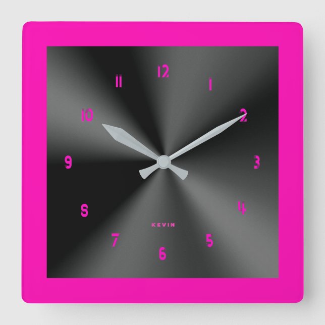 Hot Pink & Black Shiny Metallic Design Quadratische Wanduhr (Vorderseite)