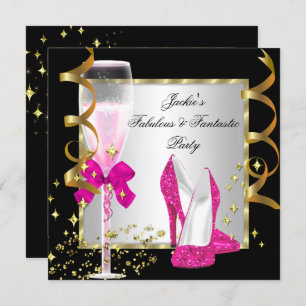 Hot Pink Black Silver Women's Birthday Party Einladung
