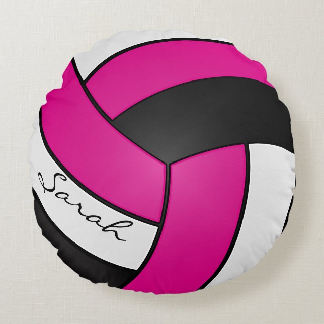 Hot Pink, Black und White Volleyball 🏐 | DIY Name Rundes Kissen (Vorderseite)