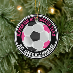 Hot Pink, Black & White Soccer ⚽ Keramik Ornament