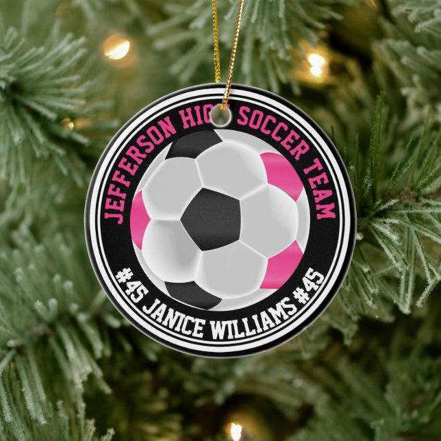 Hot Pink, Black & White Soccer ⚽  Keramik Ornament (Baum)