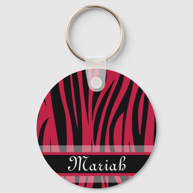 Hot Pink Black Zebra Print Individuelle Name Schlüsselanhänger (Vorderseite)