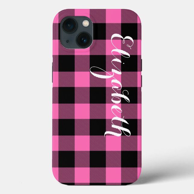 Hot Pink Blk Buffalo Karo Kariert Name Monogram NL Case-Mate iPhone Hülle (Rückseite)