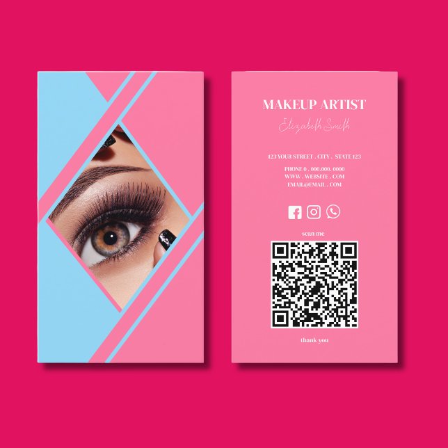 Hot Pink & Blue QR Code Foto Makeup Artist Visitenkarte (Von Creator hochgeladen)