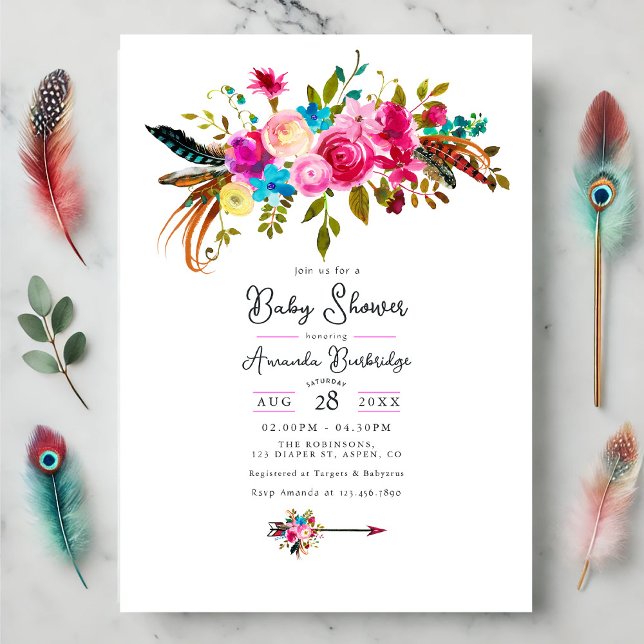 Hot-Pink Boho Chic Floral Baby Dusche Einladung (Hot-Pink Boho Chic Floral Baby Shower Invitation)