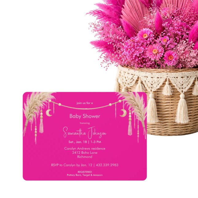 Hot Pink Boho Pampas Baby Shower Einladung (Von Creator hochgeladen)