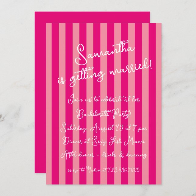 Hot Pink Bold Stripes Script-Junggeselinnen-Abschi Einladung (Vorne/Hinten)