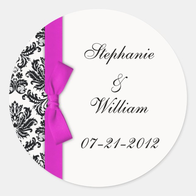 Hot Pink Bow Classic Damask Wedding Label Runder Aufkleber (Vorderseite)