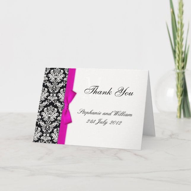 Hot Pink Bow Damask Wedding danke Karten (Vorderseite)