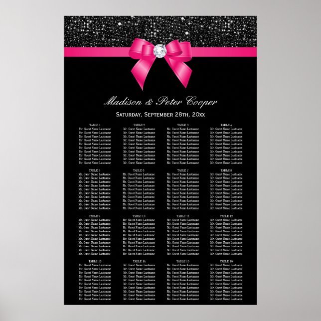 Hot-Pink-Bow-Hochzeitstabelle für schwarze Sequenz Poster (Vorne)