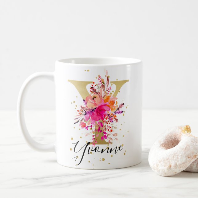 Hot Pink Bright Floral Letter Y Monogramm Kaffeetasse (Mit Donut)