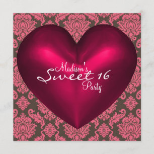 Hot Pink Brown Red Heart Damask Sweet 16 Party Einladung