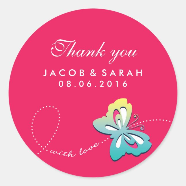 Hot Pink Butterfly Swirl Hochzeit Danke Sticker (Vorderseite)